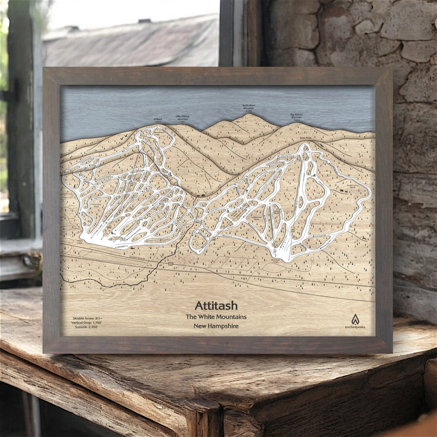 Attitash NH Mountain Ski Map, 3D Wood Ski Map, Skiing Wall Art