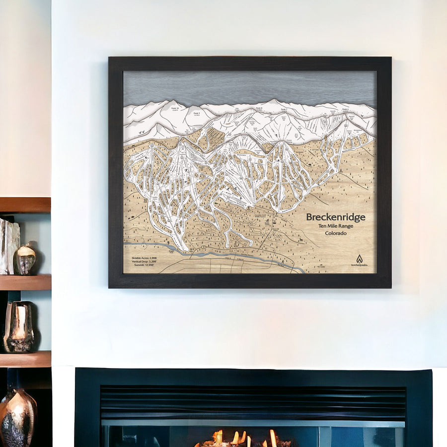 Ski Chalet Decor: 3D Wood Map of Breckenridge Ski Resort above a fireplace