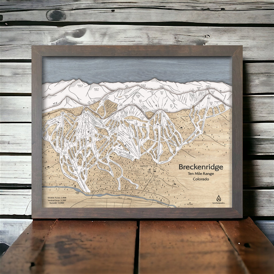 Breckenridge Colorado Trail Map engraved in wood. 