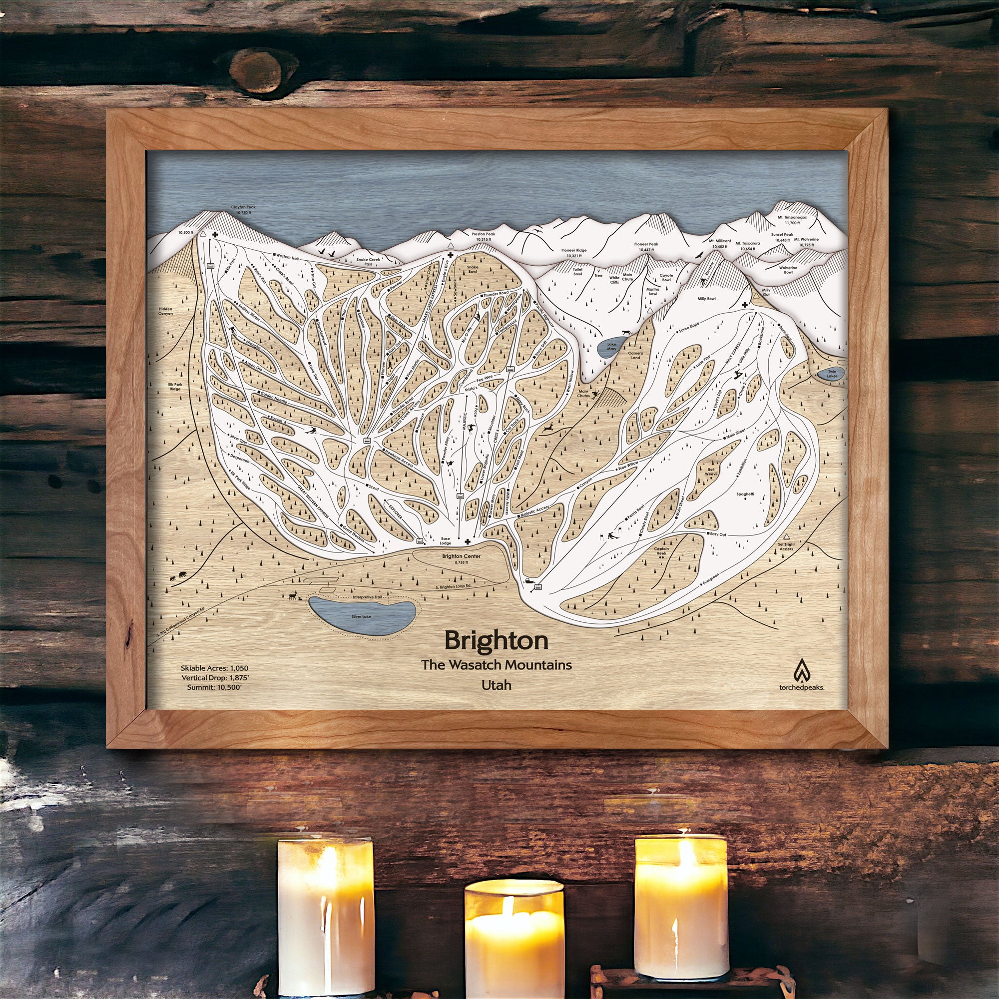 Brighton Ski Resort Map, 3D Wood Carved Ski House Decor
