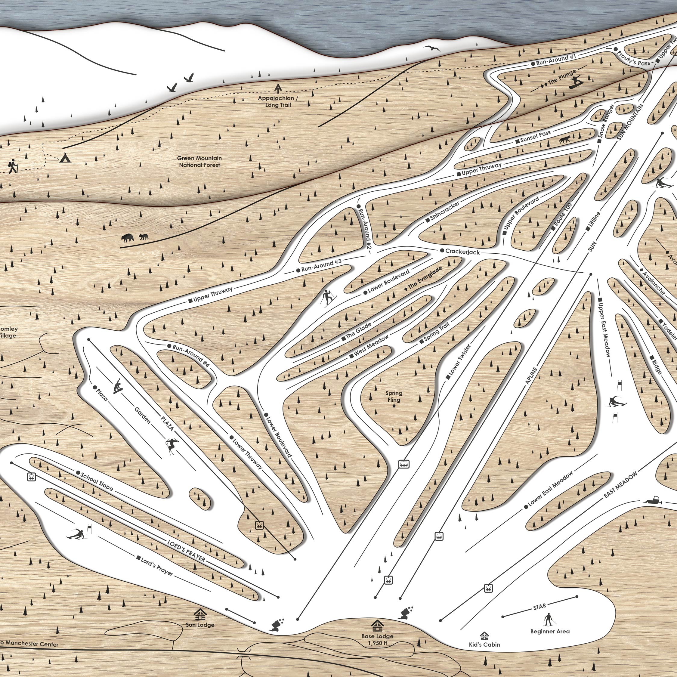 Bromley Mountain laser-engraved skiing map