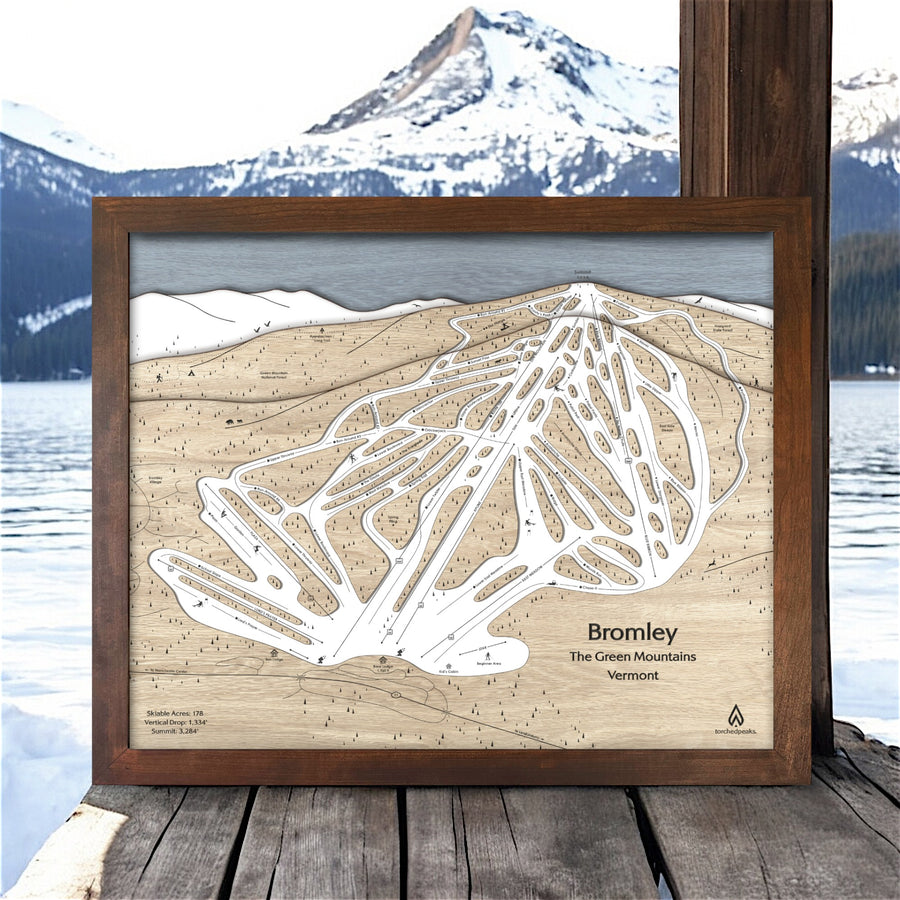 Bromley Mtn Vermont Wood Ski Resort Map, Framed Skiing Art, Wooden Ski Sign