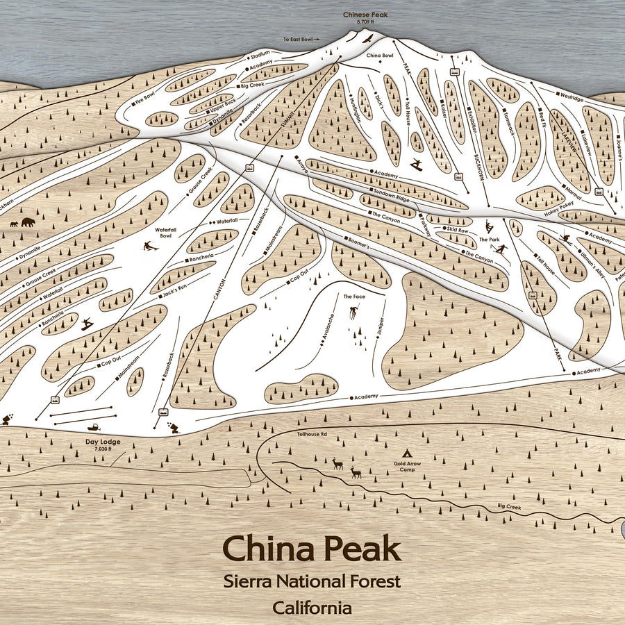 China Peak CA Ski Trail Map | 3D Wood Mountain Art