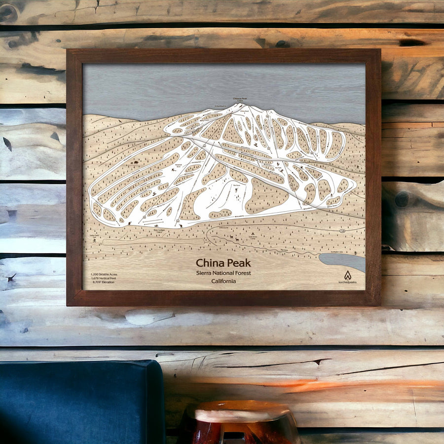 Laser Engraved Ski Map of China Peak Mountain in California, China Peak Bike Park