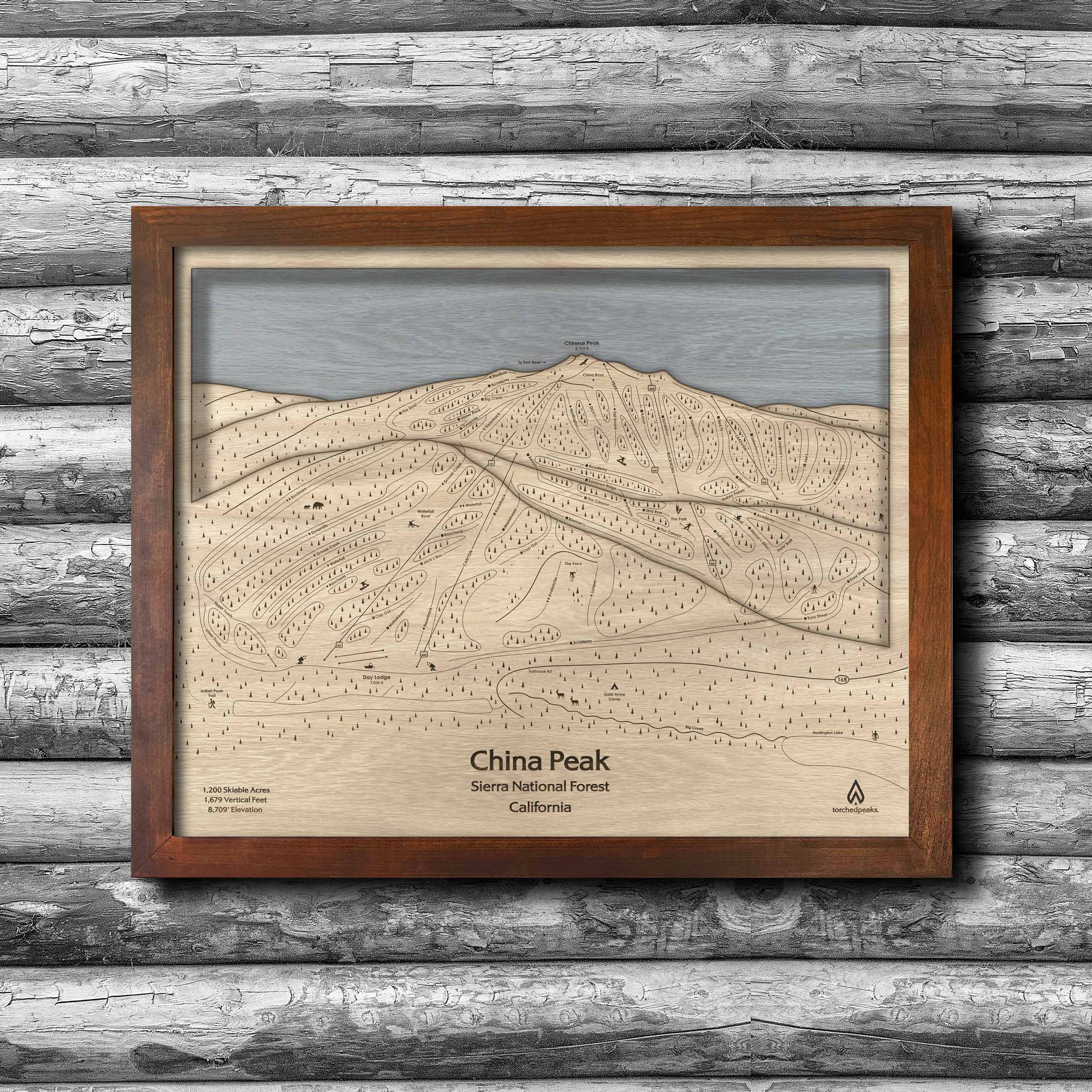 China Peak, CA Wooden Ski Trail Map | 3D Wood Mountain Art
