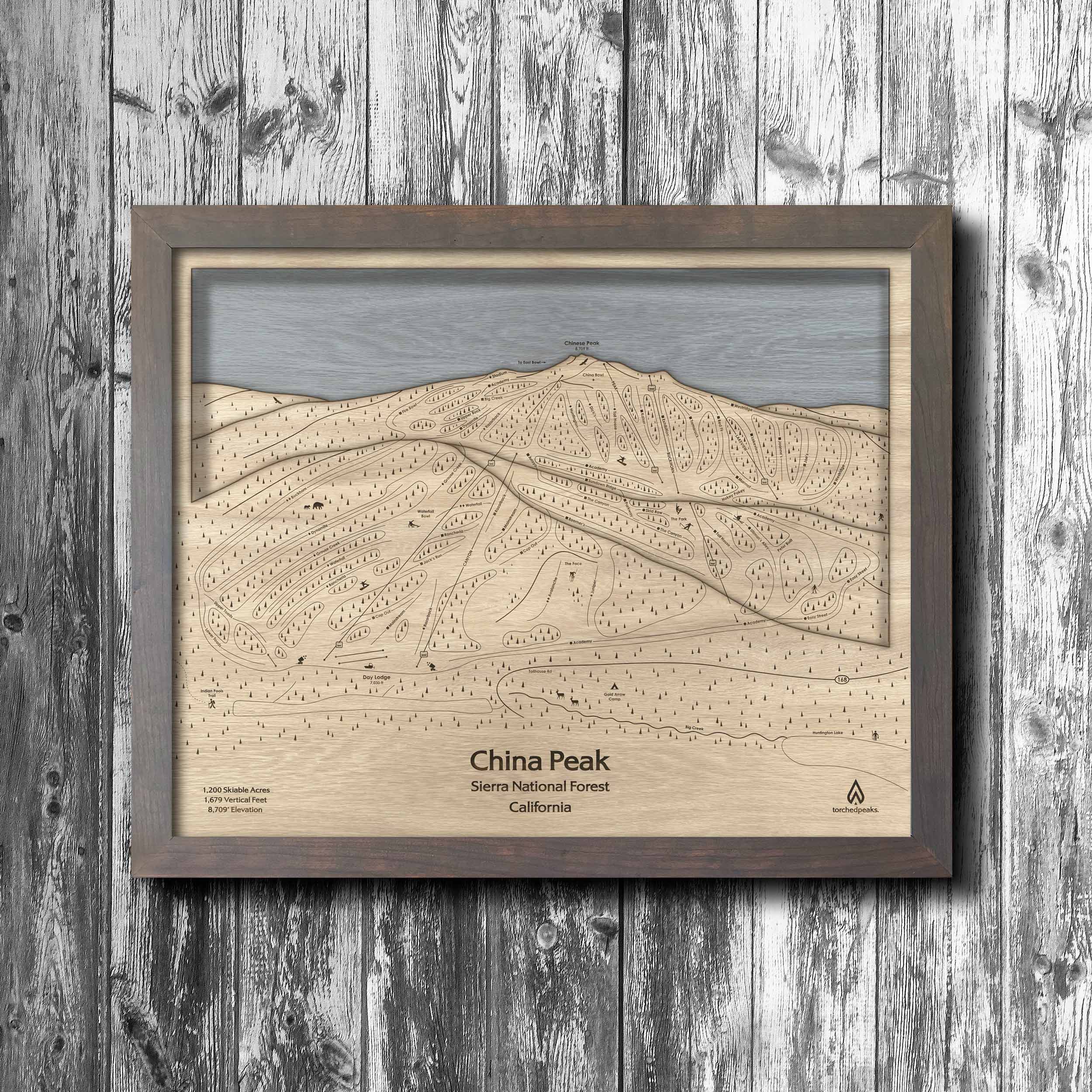 China Peak, CA Wooden Ski Trail Map | 3D Wood Mountain Art