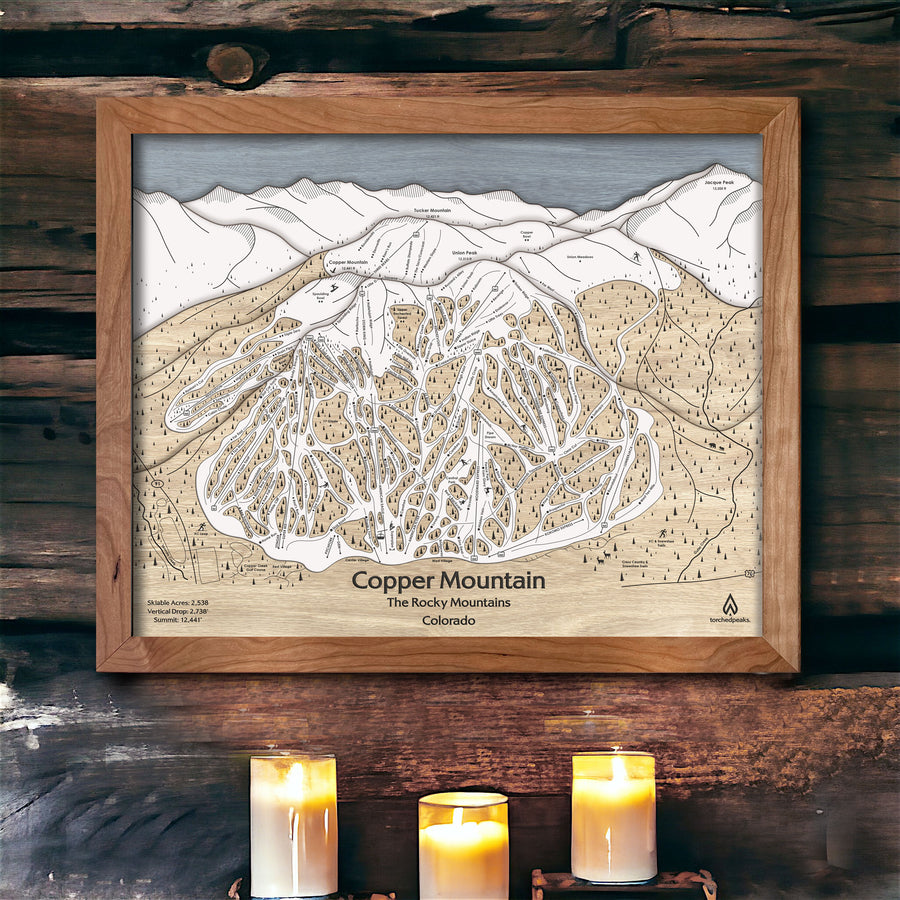 Copper Mountain Ski Trail Map, 3D Wood Ski Map designed by artist Shawn Orecchio, former pro snowboarder. 