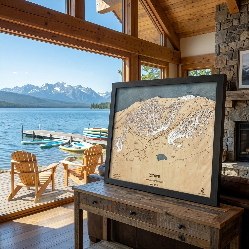 Wooden Stowe Vermont ski map overlooking a mountain lake in a luxury vacation home.