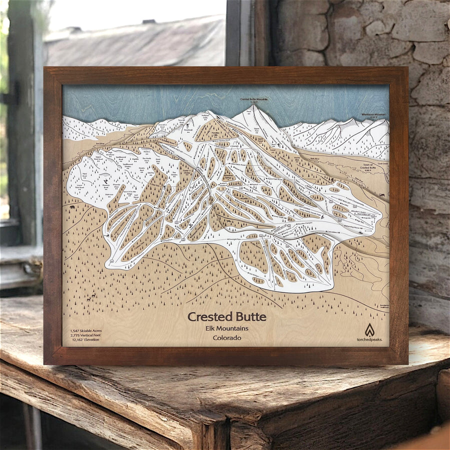 Crested Butte CO Skiing Art, Framed Wooden Ski Map