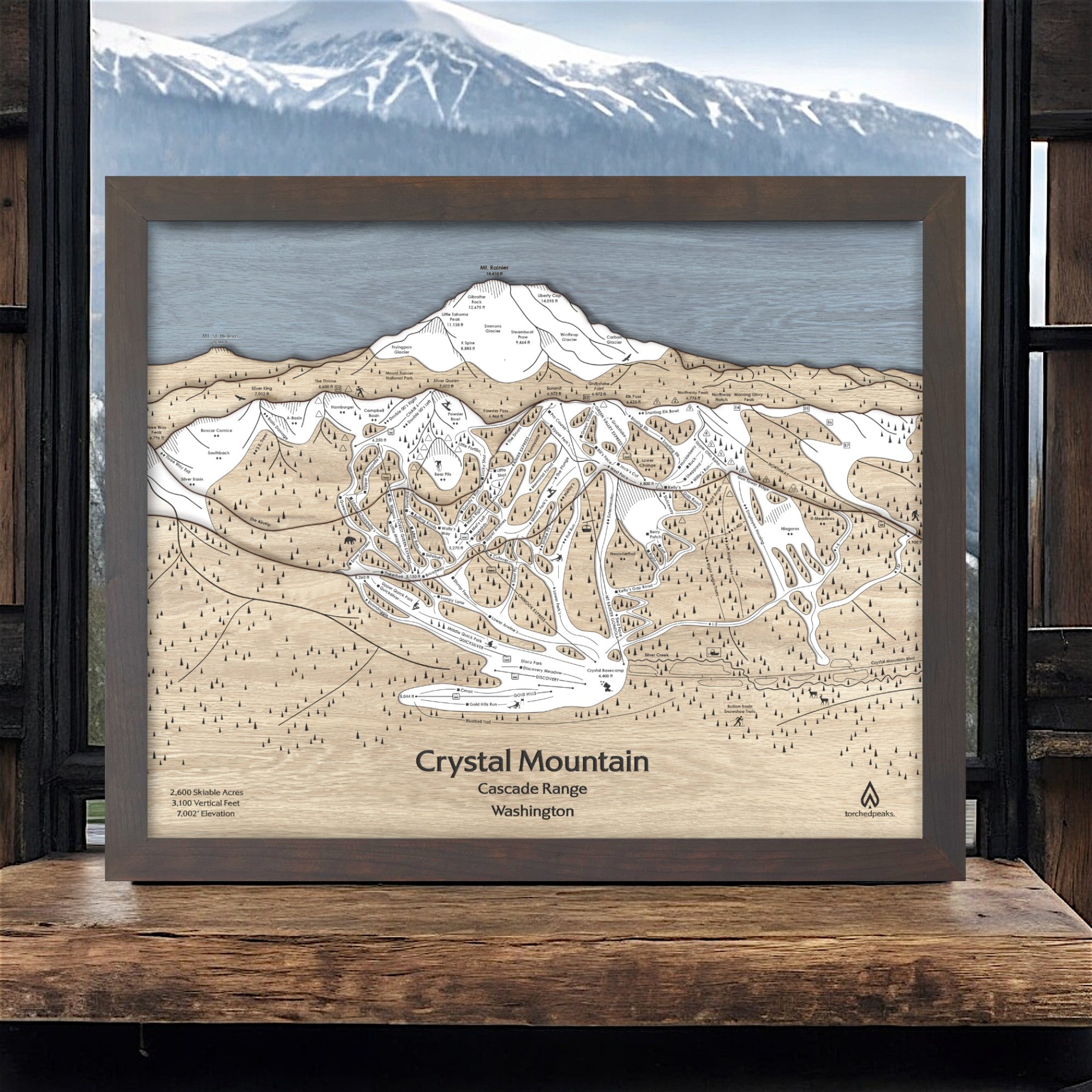 Crystal Mountain Wooden Ski Map, Framed Skiing Wall Art