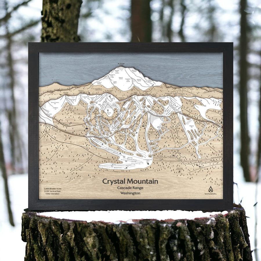 Crystal Mountain Wooden Ski Resort Map, Framed Skiing Artwork