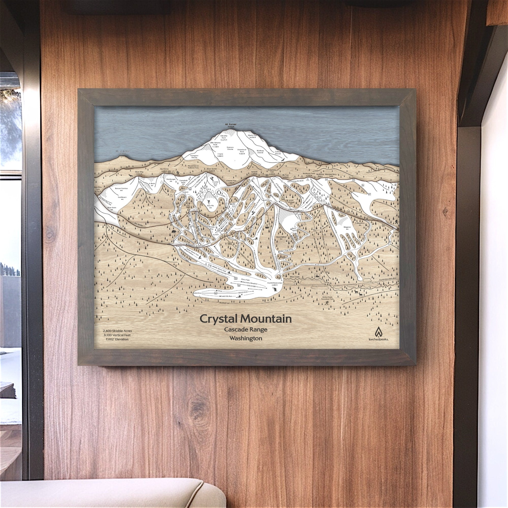Crystal Mountain Washington Ski Map Poster, 3D Wood Ski Resort Map