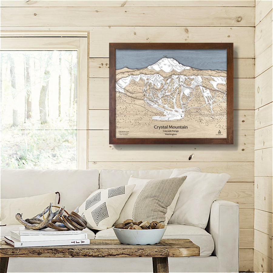 Crystal Mountain Skiing Map, Framed Ski Cabin Art