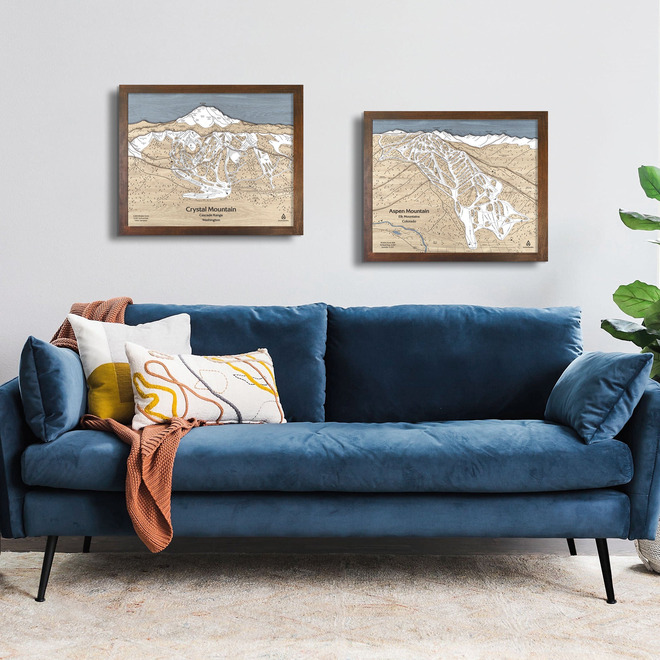 Crystal Mountain Washington Wooden Ski Map, Torched Peaks Mountain Art