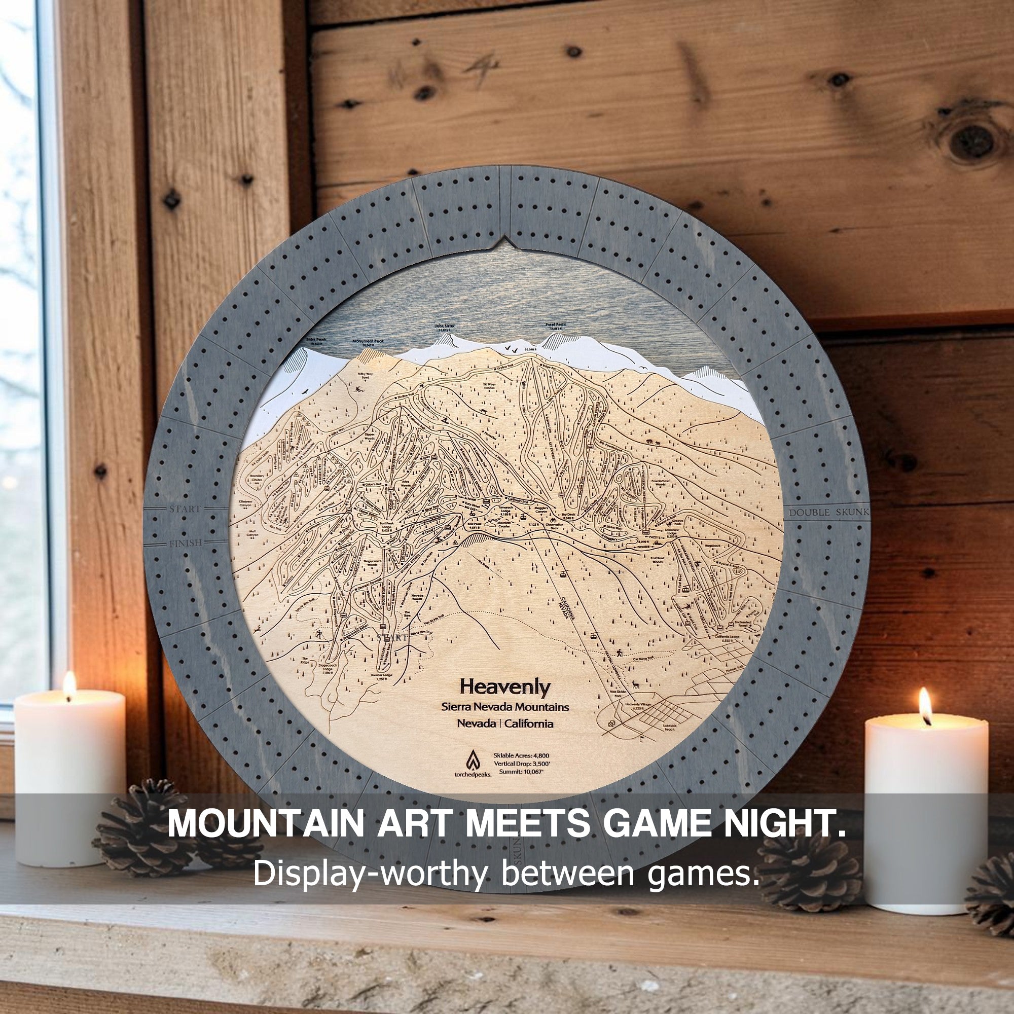 Wooden Ski Map Cribbage Board displayed as mountain home décor between game nights.