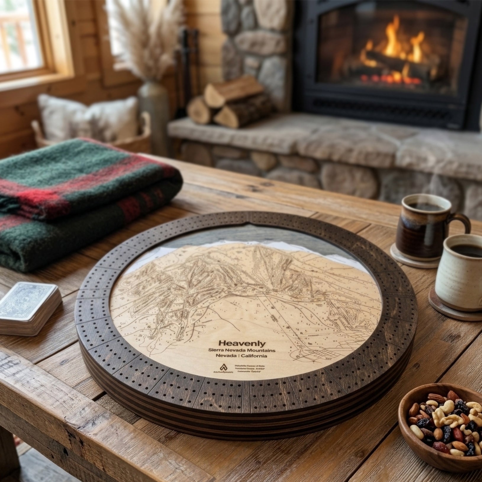 Heavenly Lake Tahoe wooden ski map cribbage board staged for game night in a cozy mountain cabin with coffee and fireplace.