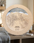 Handcrafted Heavenly ski trail map cribbage board styled in a cozy ski condo living room with mountain-inspired décor.