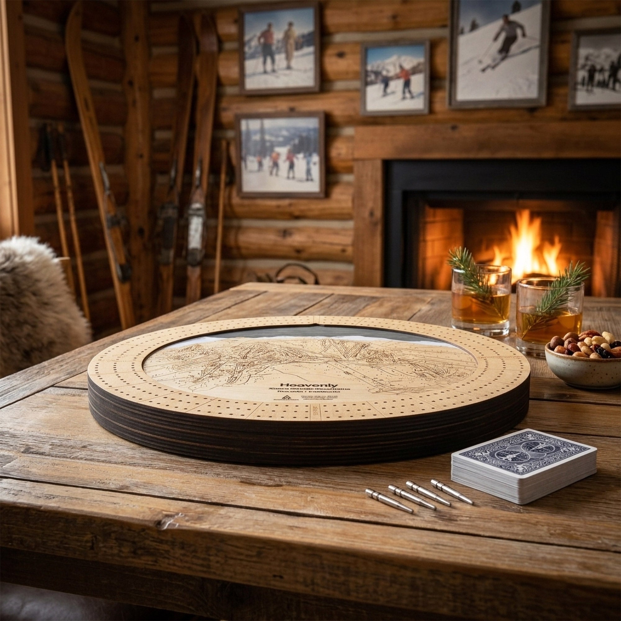 Heavenly ski map board game resting on a reclaimed wood coffee table in a warm mountain cabin.