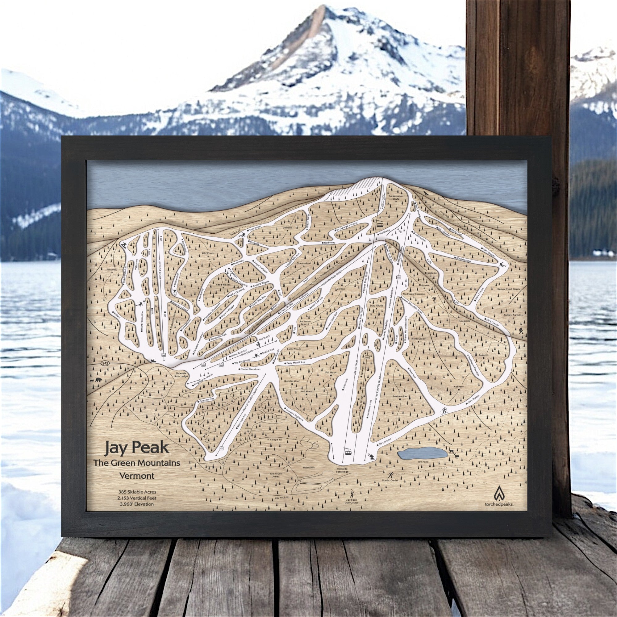 Jay Peak Wooden Ski Map, Framed Skiing Artwork