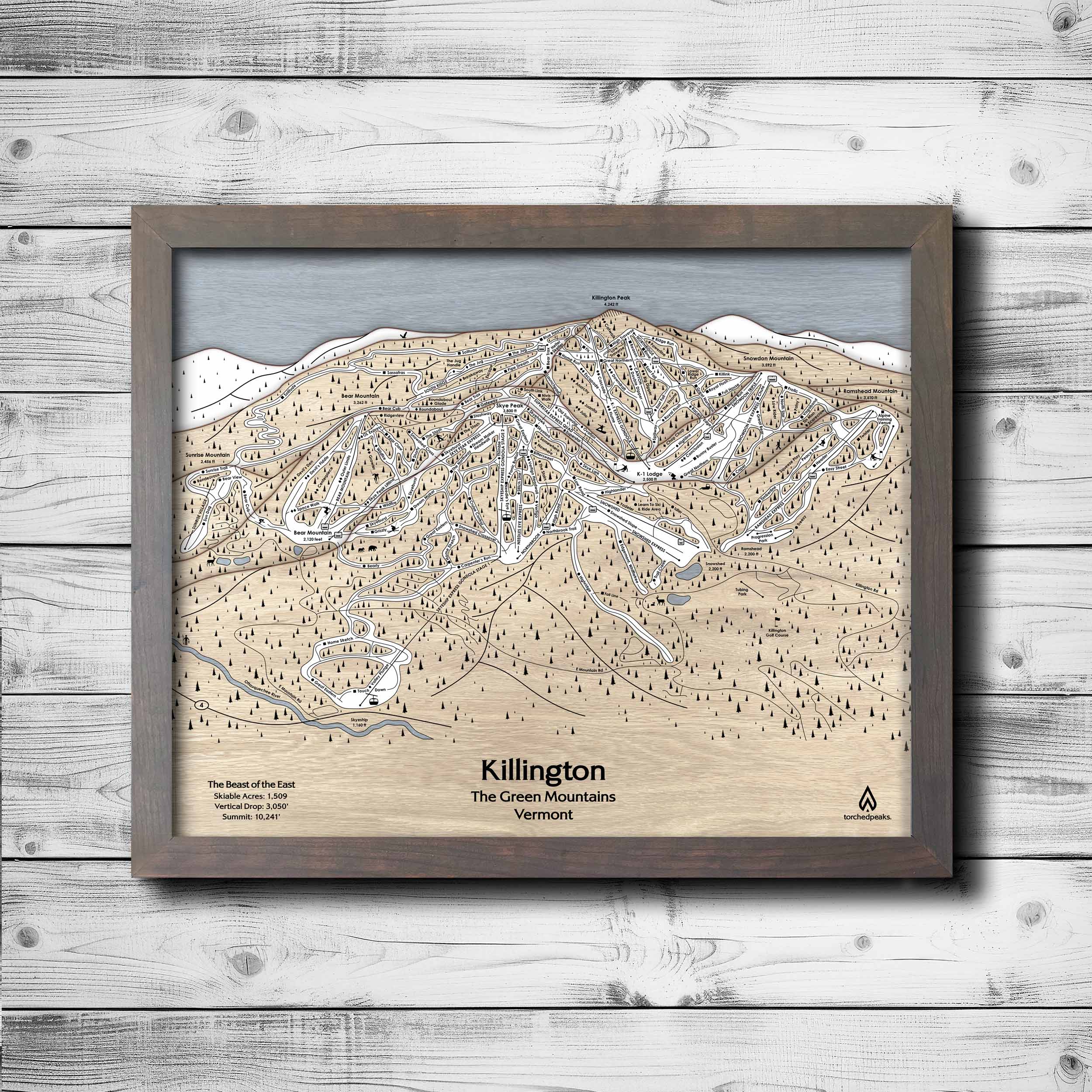 Killington Mountain Layered Wood Map