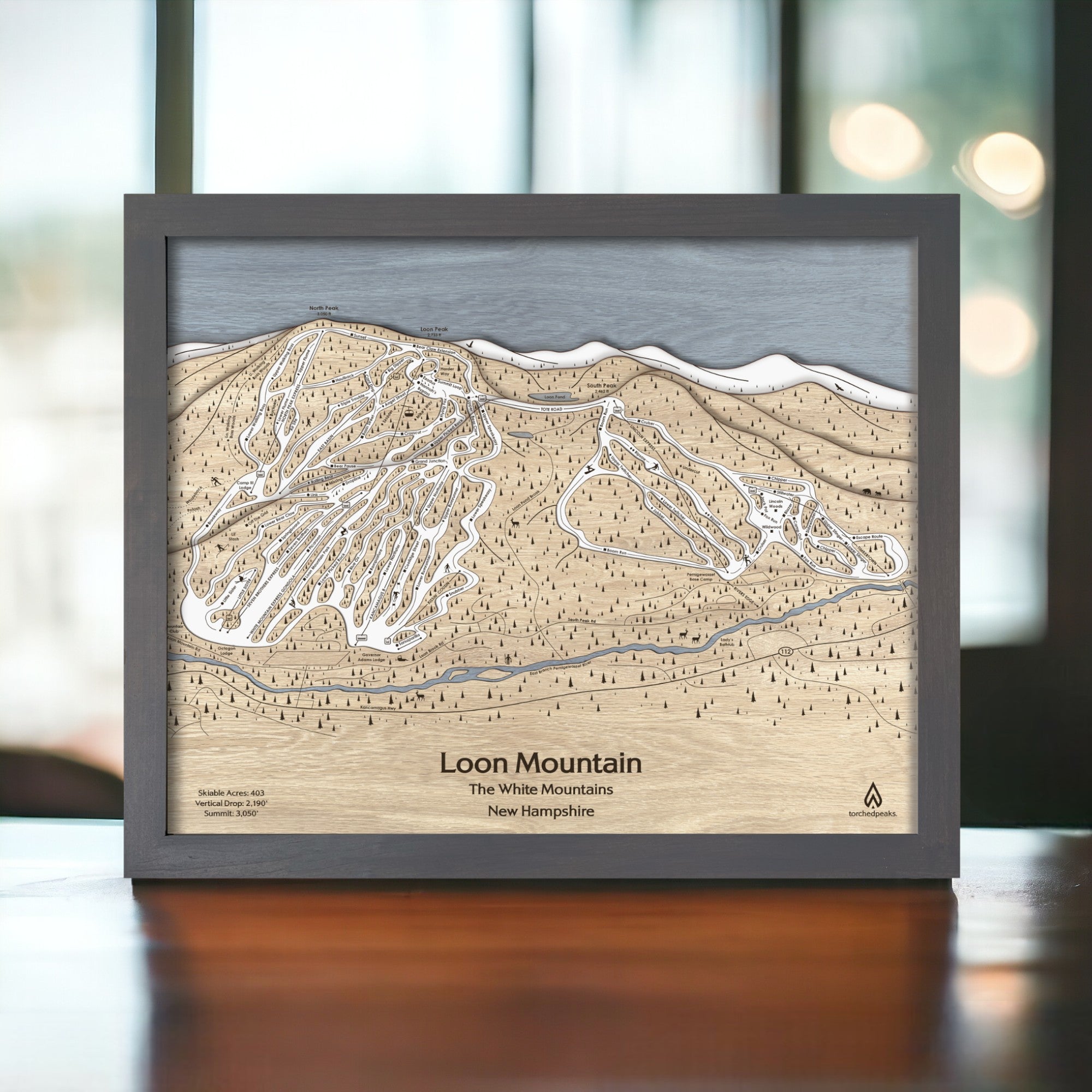 Loon Mountain Ski Resort Map Art, Wooden Mountain Art