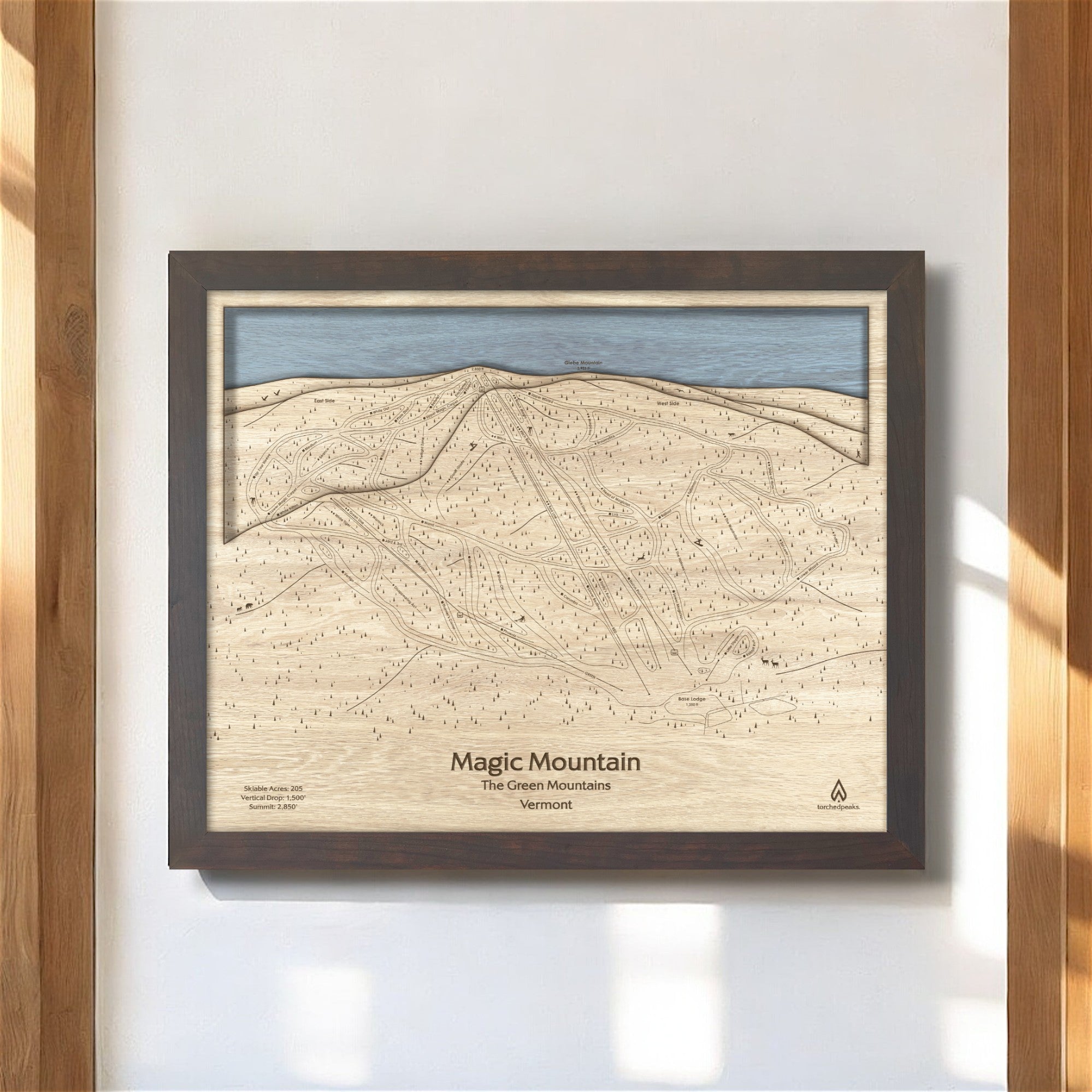 Magic Mountain Ski Trail Map, Framed Skiing Map, Wooden Ski Sign