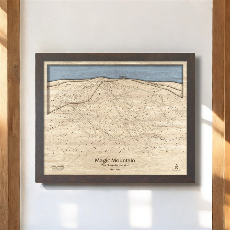 Magic Mountain Ski Trail Map, Framed Skiing Map, Wooden Ski Sign