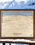 Magic Mountain engraved wood map, ski resort trail map