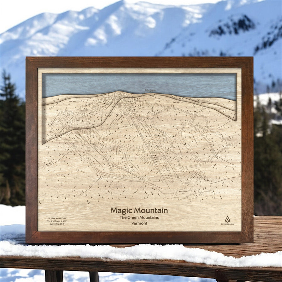 Magic Mountain engraved wood map, ski resort trail map