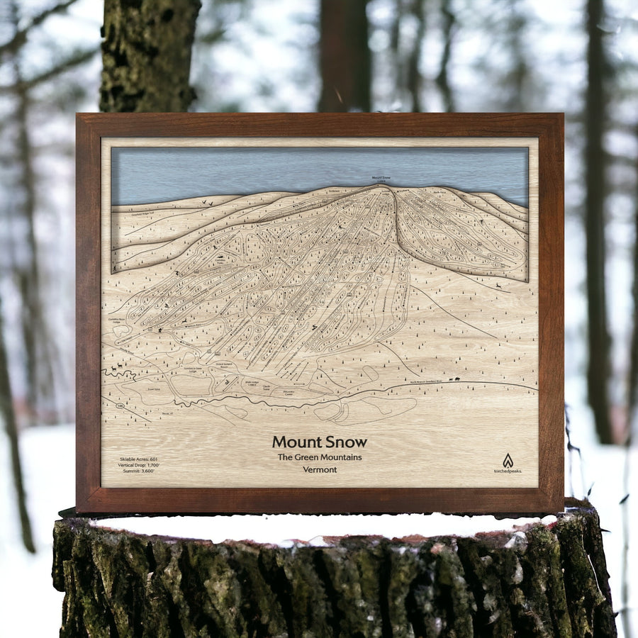 Mount Snow Wooden Ski Resort Map, Torched Peaks Ski Map Artists