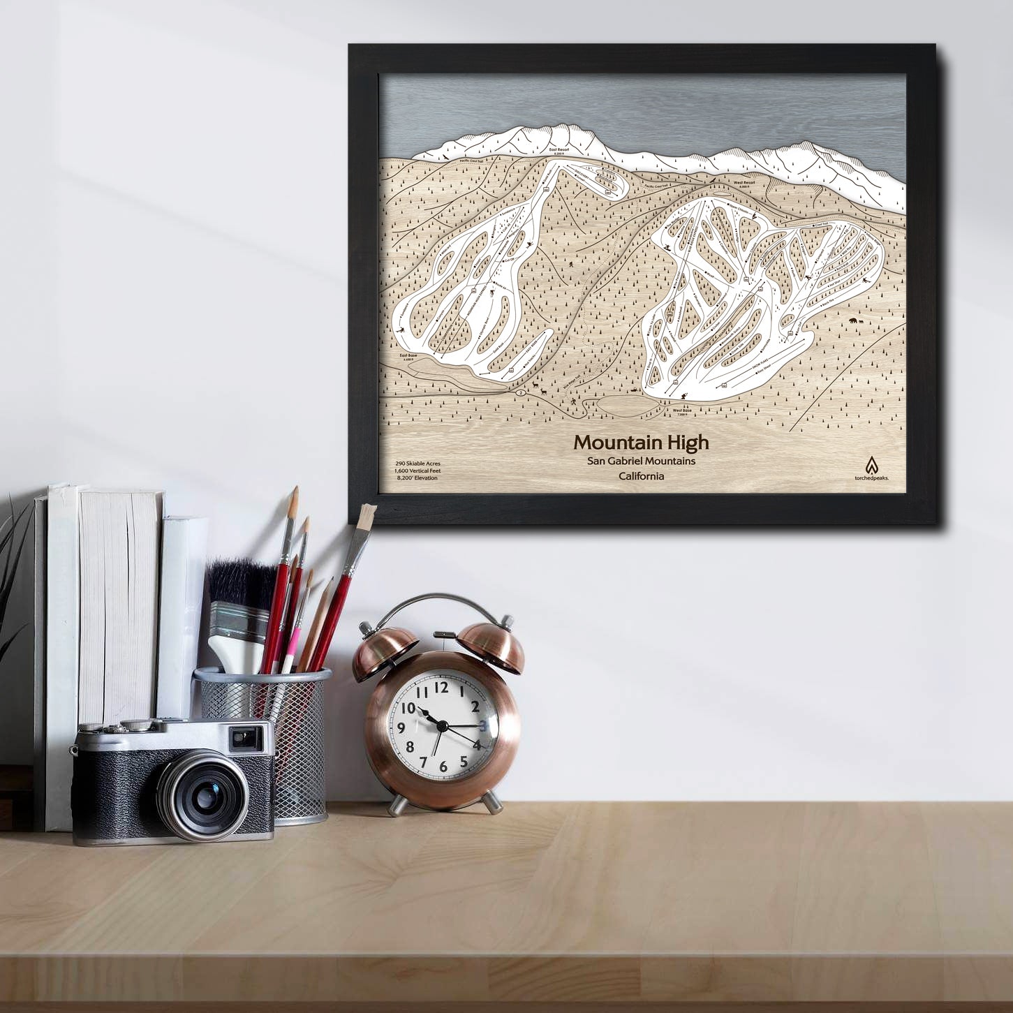 Mountain High Ski Trail Map | 3D Wood Map | Laser Engraved Skiing Decor | Torched Peaks