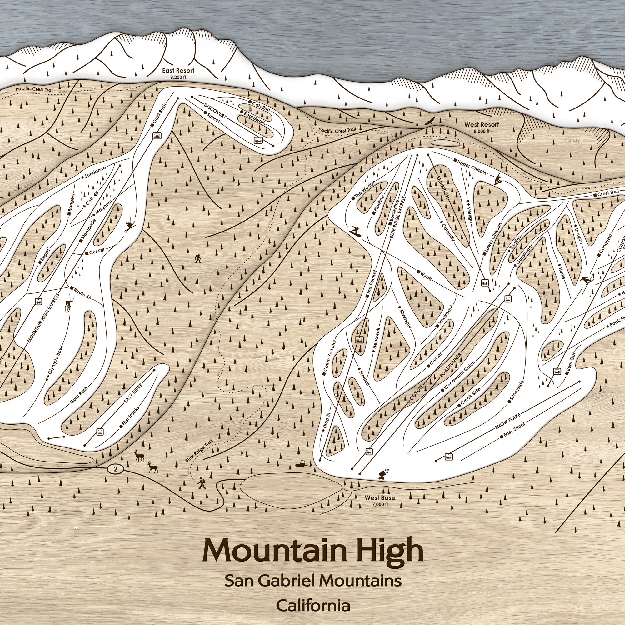Mountain High Ski Trail Map | 3D Wood Map | Laser Engraved Skiing Decor | Torched Peaks