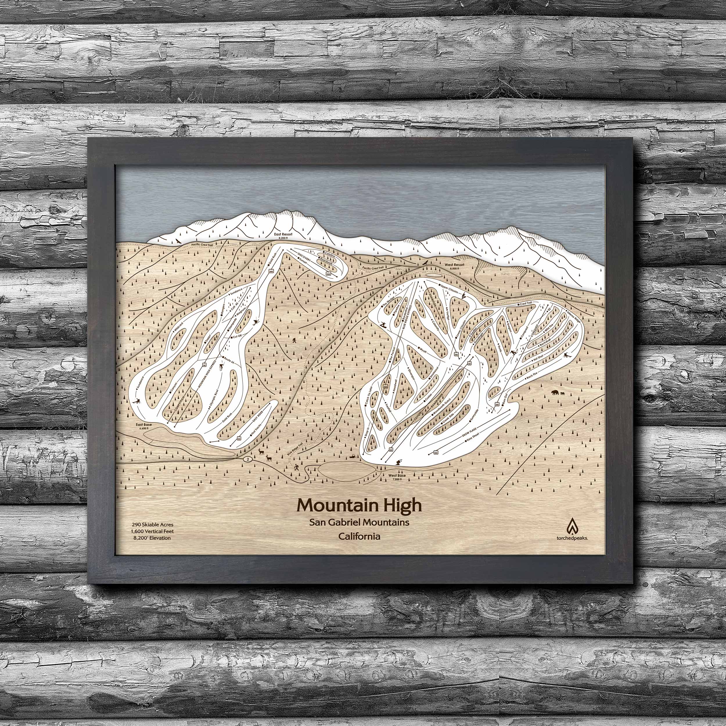 Mountain High Ski Trail Map | 3D Wood Map | Laser Engraved Skiing Decor | Torched Peaks