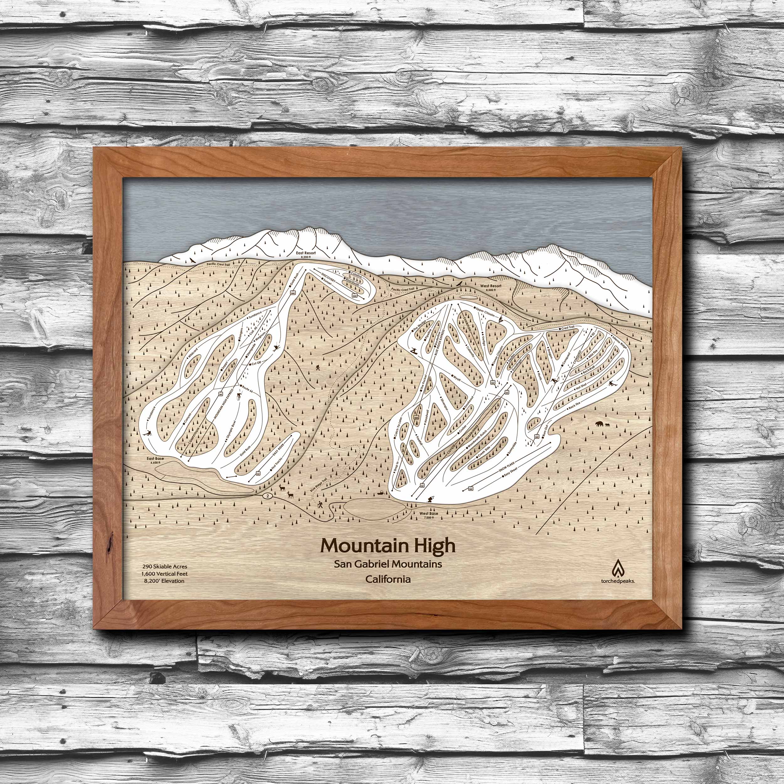 Mountain High Ski Trail Map | 3D Wood Map | Laser Engraved Skiing Decor | Torched Peaks