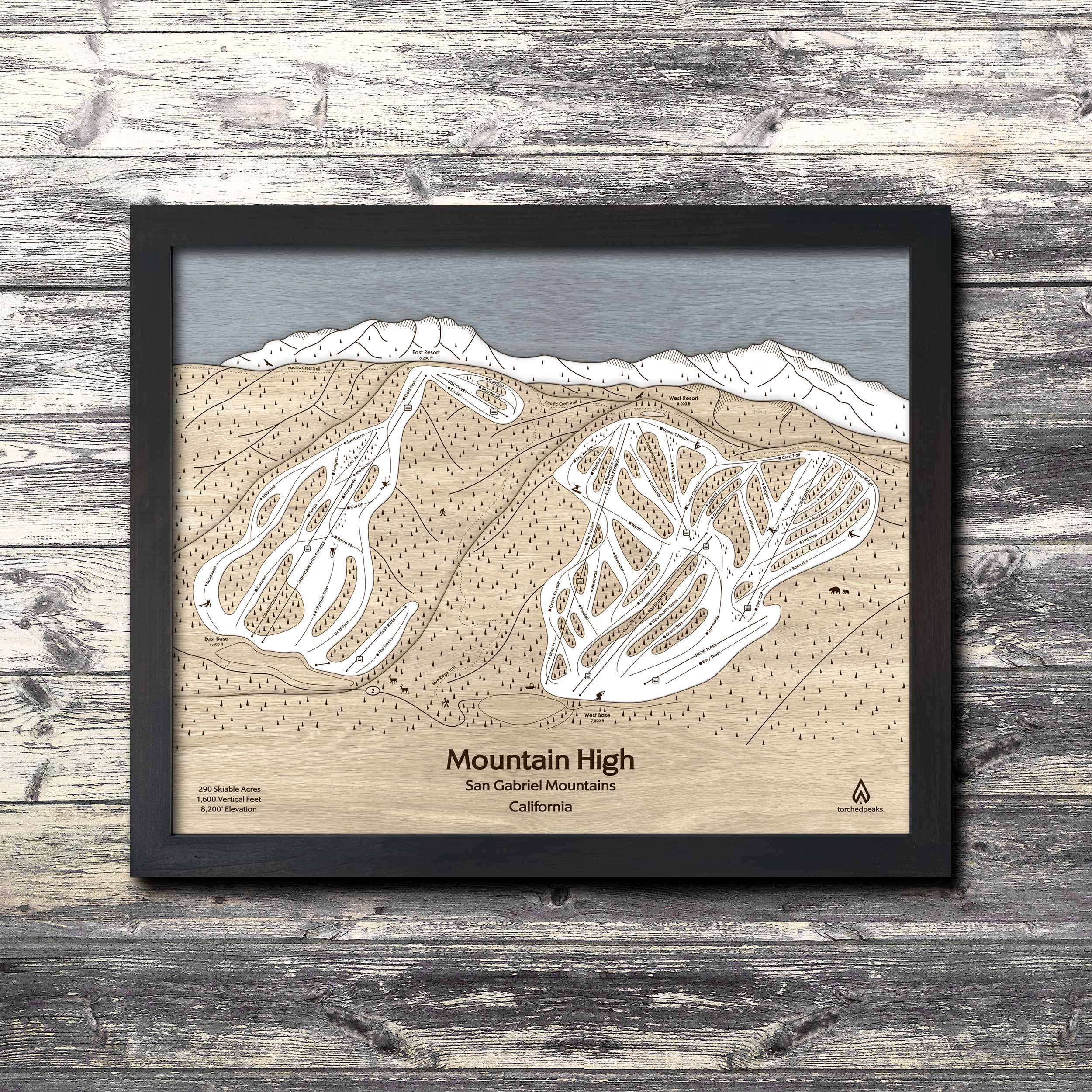 Mountain High Ski Trail Map | 3D Wood Map | Laser Engraved Skiing Decor | Torched Peaks