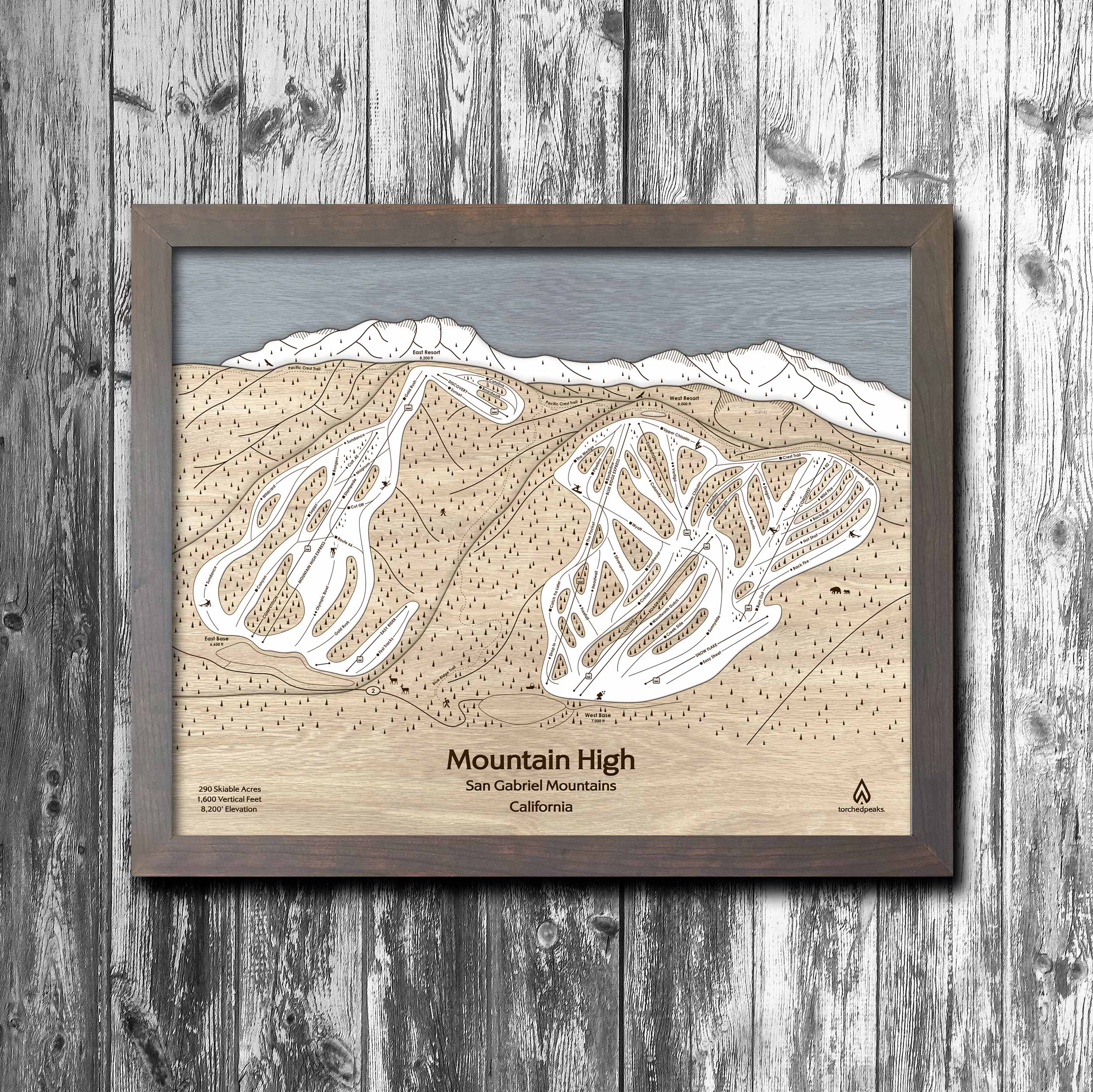 Mountain High Ski Trail Map | 3D Wood Map | Laser Engraved Skiing Decor | Torched Peaks
