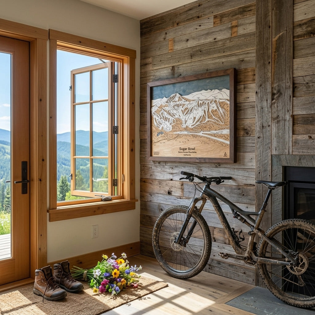 Handcrafted Sugar Bowl California ski map displayed with a mountain bike in the entranceway of a luxury ski home.