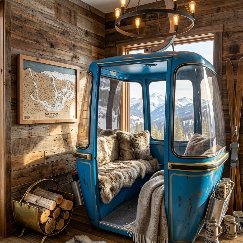 Wooden ski trail map displayed beside a vintage gondola inside a rustic ski lodge living room.