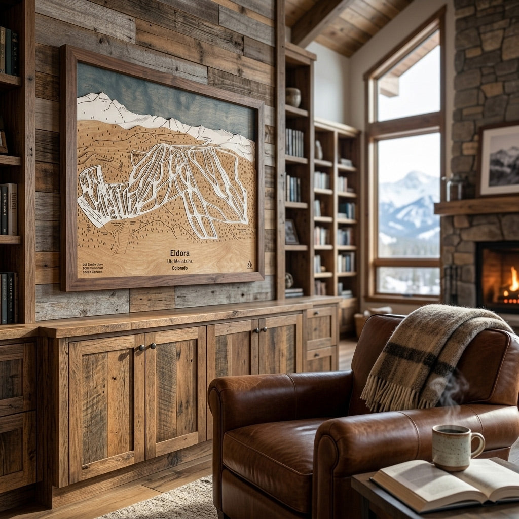 Colorado ski map featured in a cozy mountain home library with custom built-in shelving and fireplace.