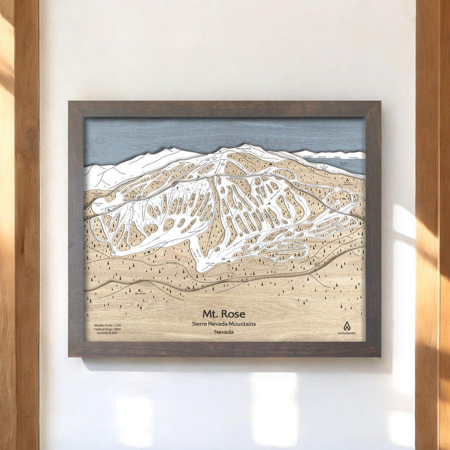 Mt Rose Skiing Art, 3D Wood Ski Map, Torched Peaks, Designed by Shawn Orecchio