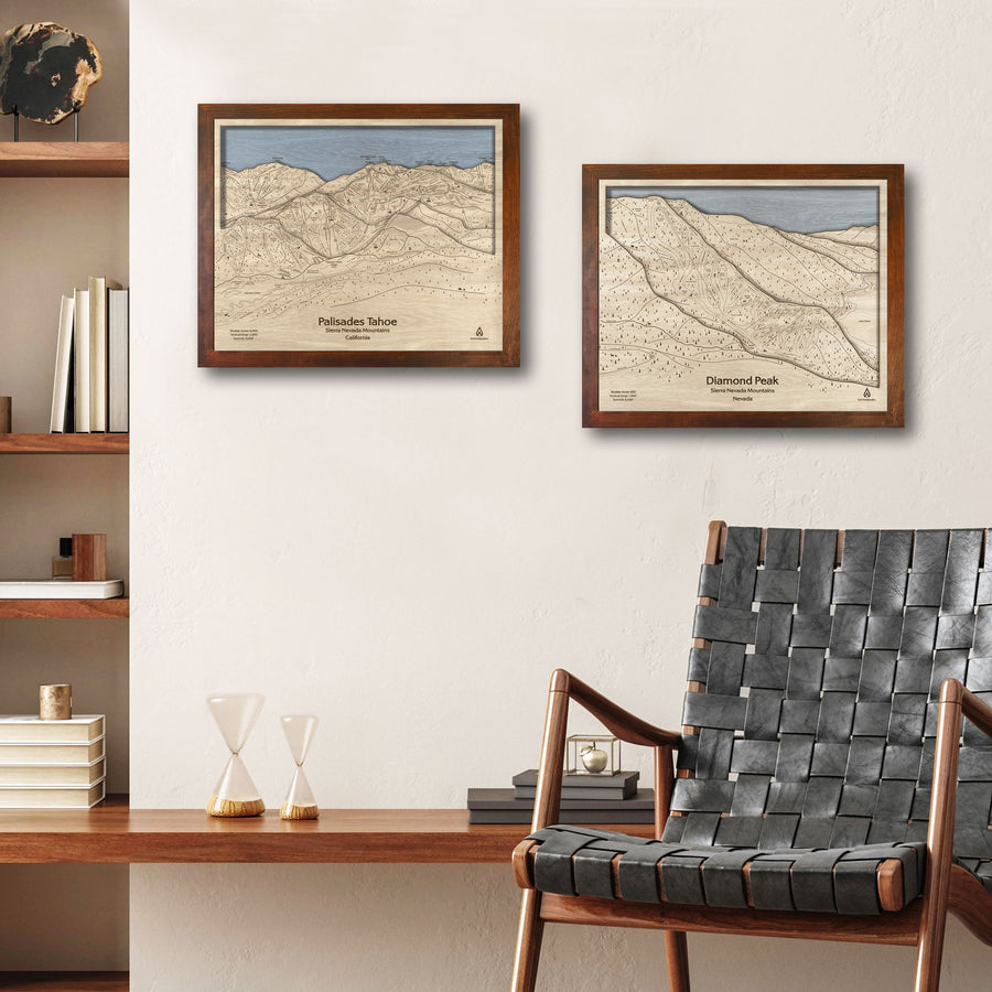 Palisades Tahoe Ski Resort Map, Framed Wood Ski Map, Torched Peaks