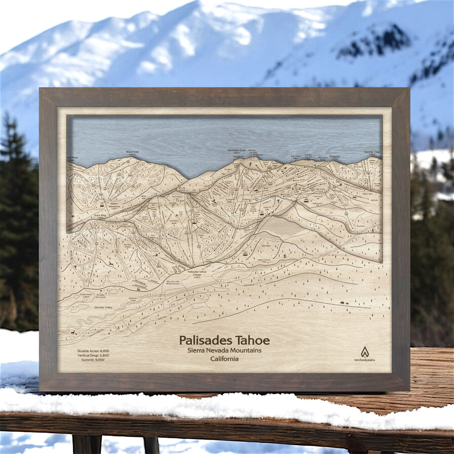 Palisades Tahoe Ski Trail Map, Engraved, Laser-cut wood ski map by Torched Peaks