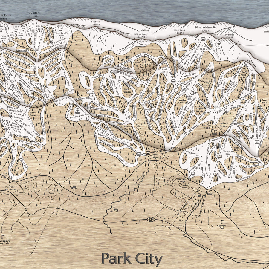 Laser-engraved, wooden map of Park City Mountain in Utah