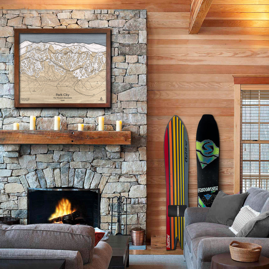 Ski Cabin Decor: Large wooden map of Park City Mountain Resort, including ski trails, chairlifts. 