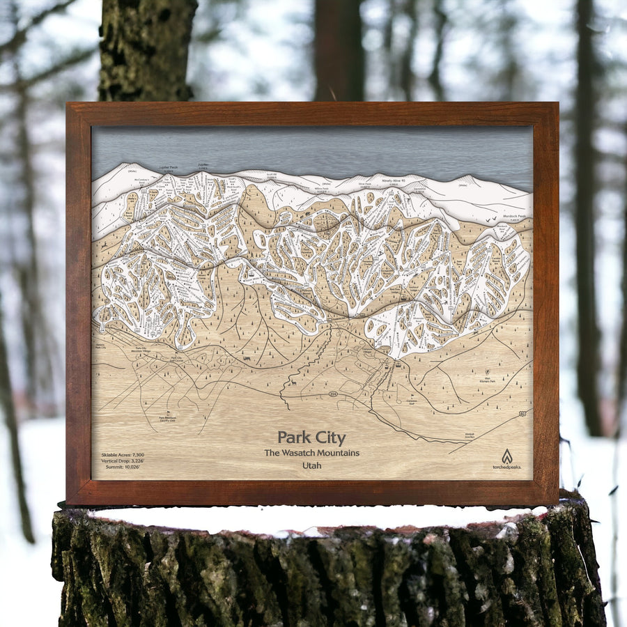 Ski House Wall Art: Park City Mountain engraved, wood ski trail map designed by artist Shawn Orecchio
