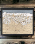 Framed skiing art: Wooden, layered map of Park City Ski Area. 