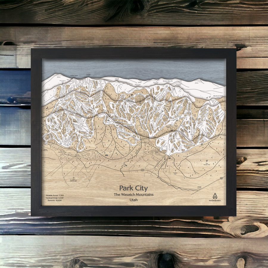 Framed skiing art: Wooden, layered map of Park City Ski Area. 