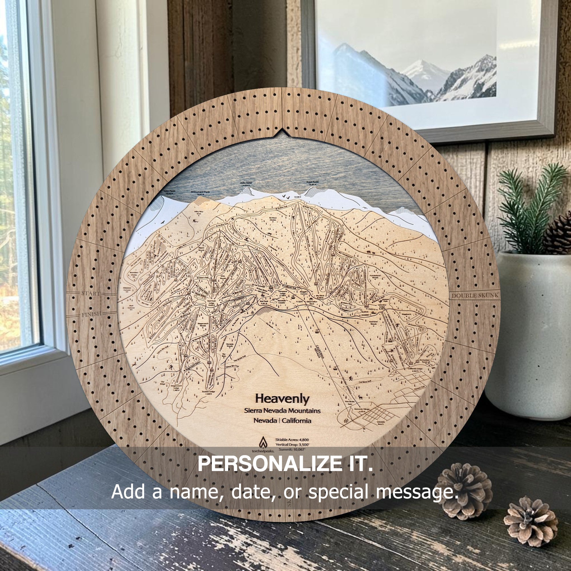 Personalized Ski Map Cribbage Board with custom names, wedding dates, or special messages.