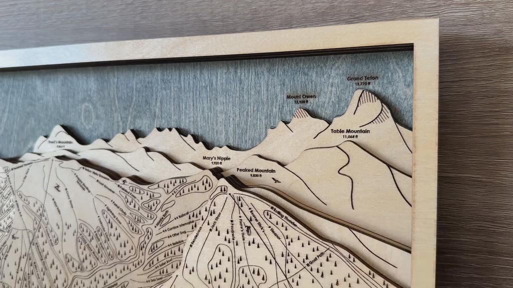 Laser-engraved ski trail maps, Wooden Ski Slope Art