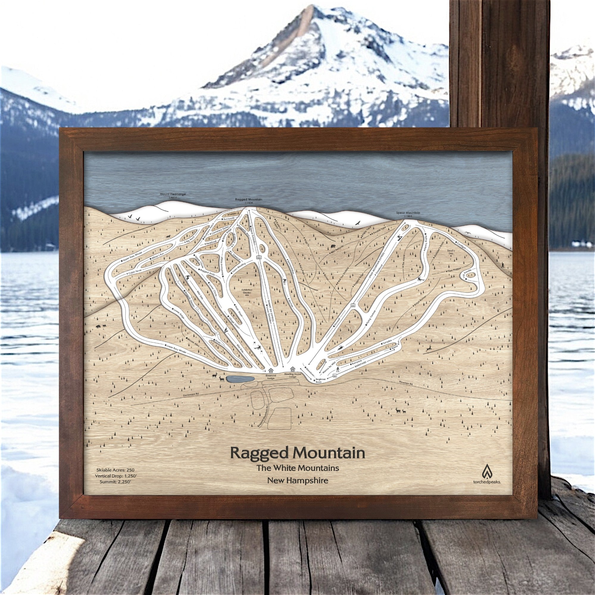 Ragged Mountain wood ski map, framed skiing wall art